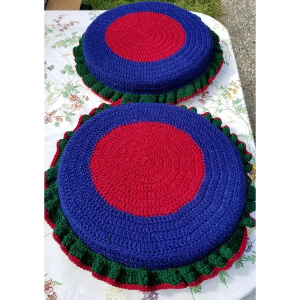 Beautifully hand made crocheted throw pillows red & blue with green trim 2 count